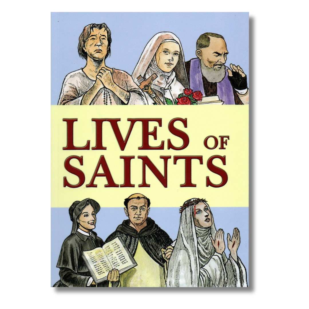 book cover with drawings of saints